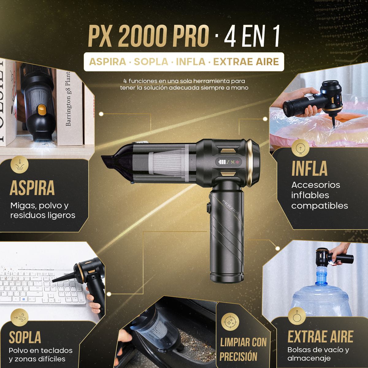 Las 4 funciones del PX2000 PRO: aspira, sopla, infla y extrae aire